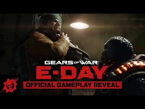 Gears of War E-Day title set over Marcus and Dom standing in the middle of enclosing Locust Horde